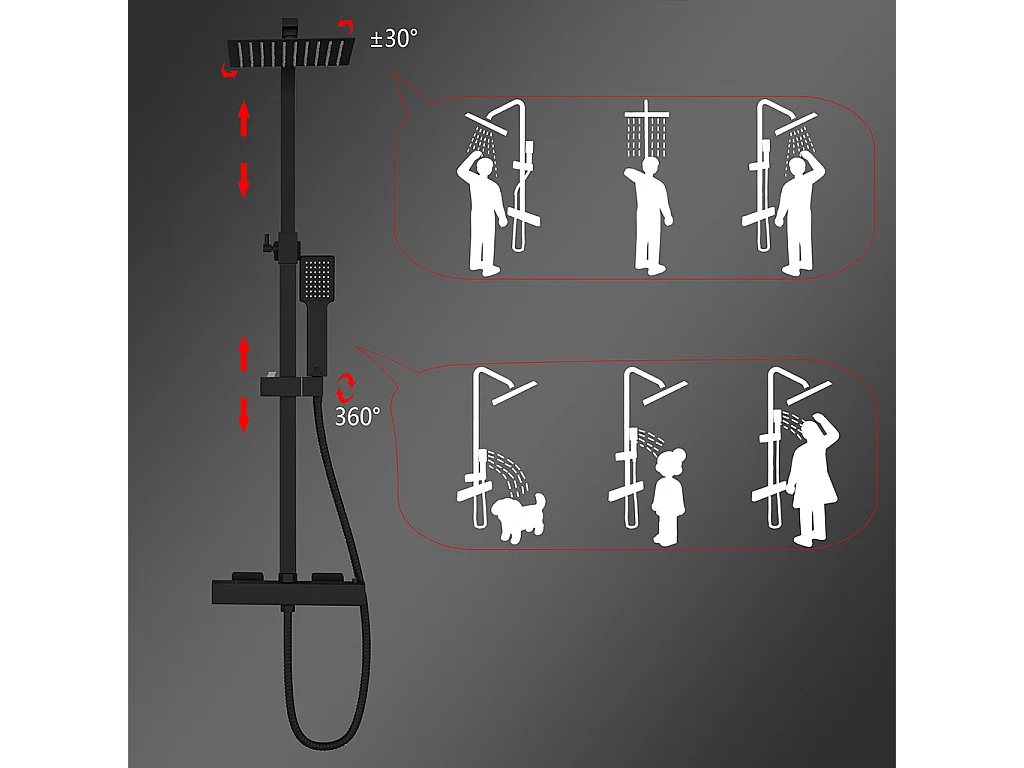 Colonne doccia nero, soffione doccia quadrato 20x20cm acciaio inox, miscelatore termostatico doccia rettangolo antiscottature