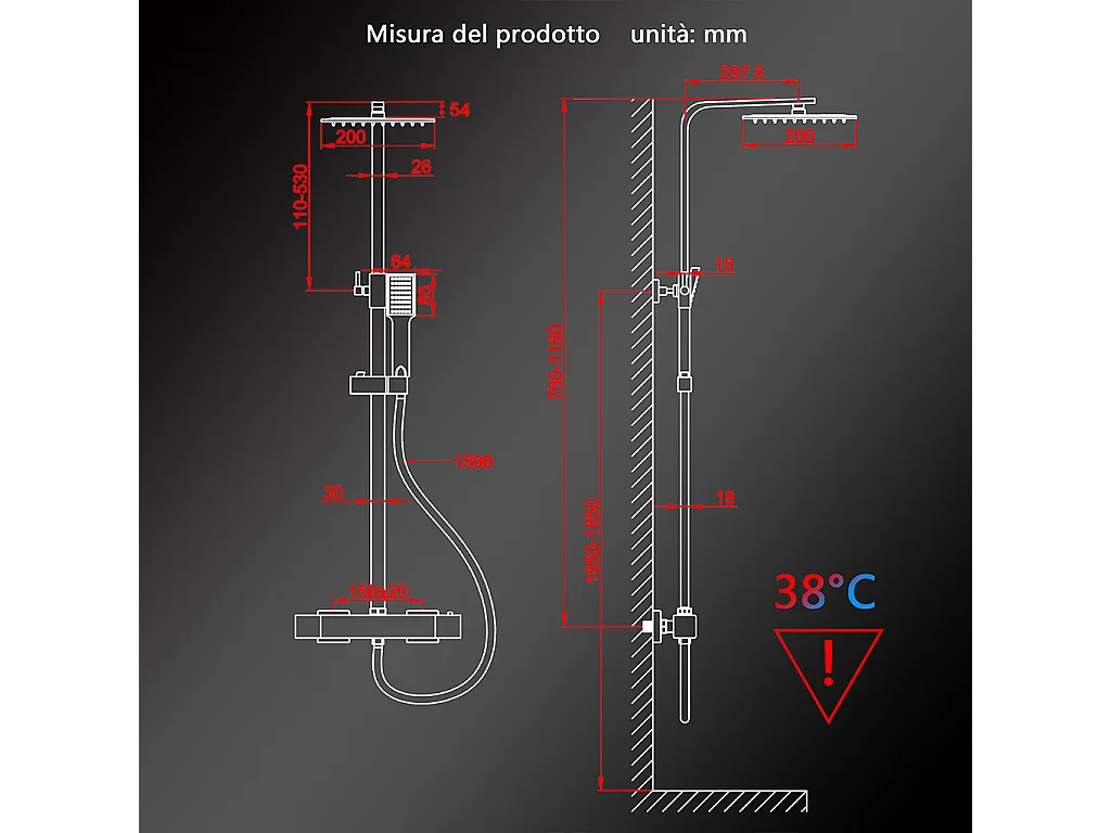 Colonne doccia nero, soffione doccia quadrato 20x20cm acciaio inox, miscelatore termostatico doccia rettangolo antiscottature