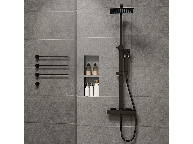Colonne doccia nero, soffione doccia quadrato 20x20cm acciaio inox, miscelatore termostatico doccia rettangolo antiscottature