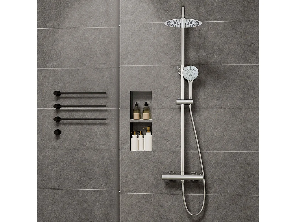 Colonne doccia cromo, soffione doccia rotondo da 25cm acciaio inox, miscelatore termostatico doccia tondo antiscottature