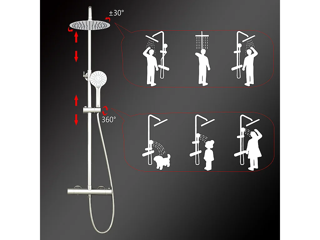 Colonne doccia cromo, soffione doccia rotondo da 25cm acciaio inox, miscelatore termostatico doccia tondo antiscottature