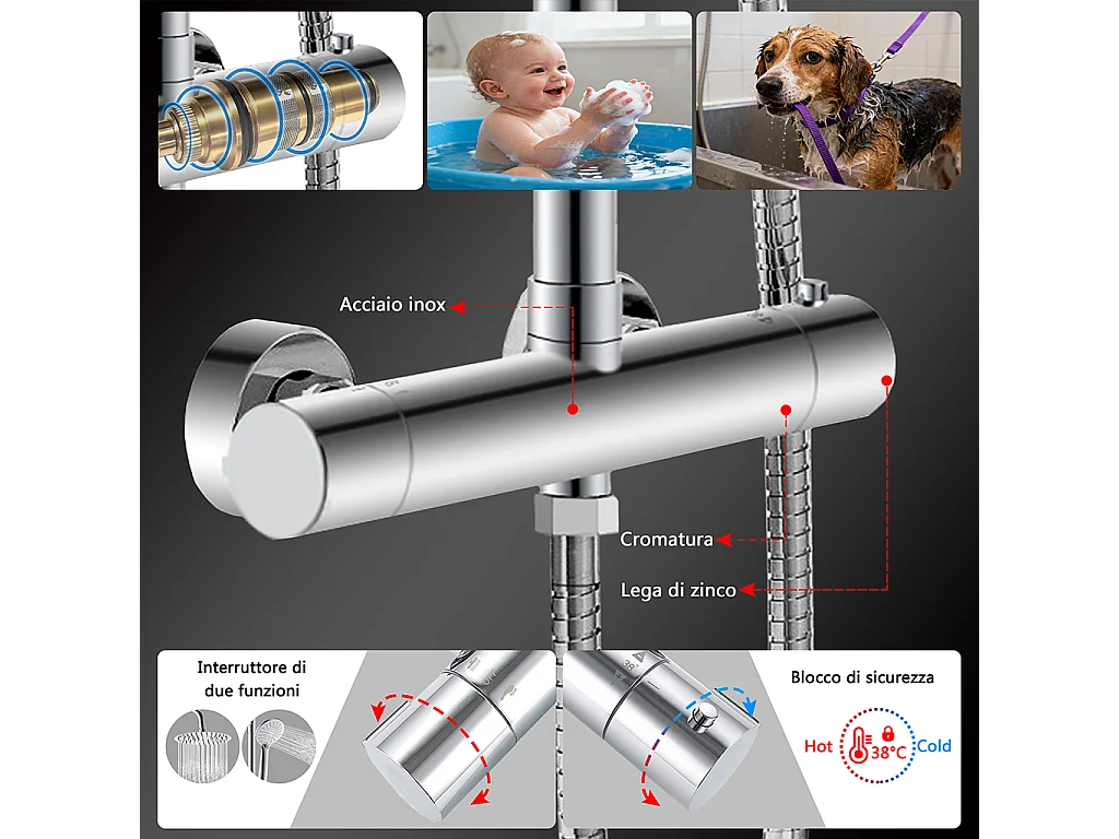 Colonne doccia cromo, soffione doccia rotondo da 25cm acciaio inox, miscelatore termostatico doccia tondo antiscottature