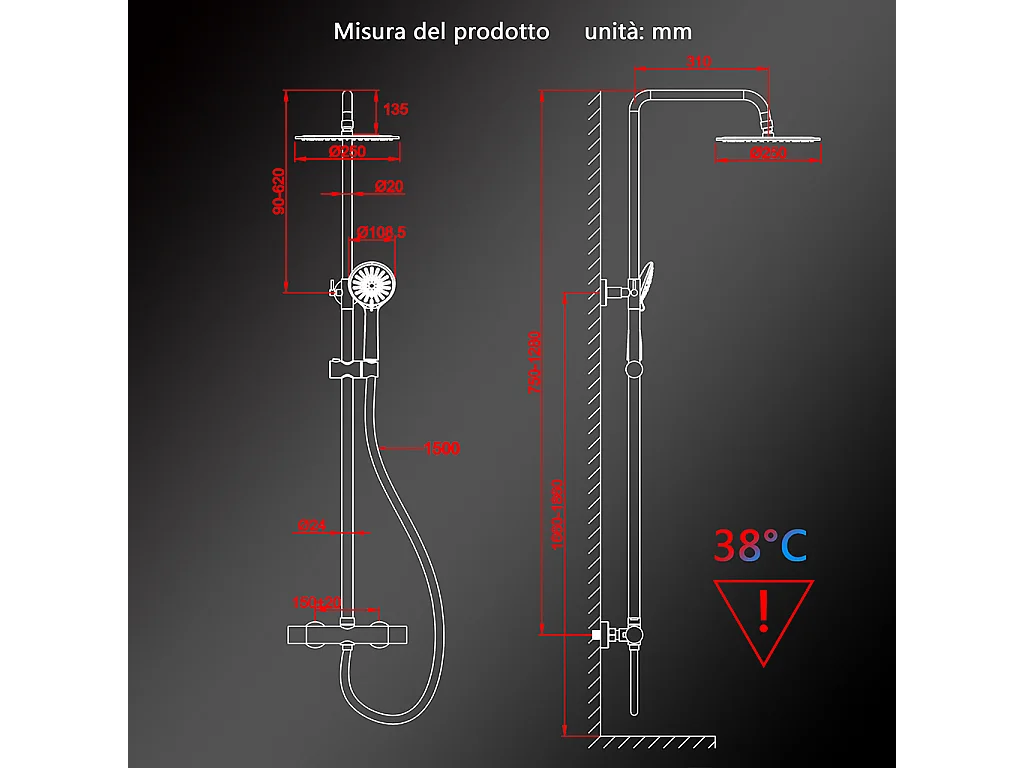 Colonne doccia cromo, soffione doccia rotondo da 25cm acciaio inox, miscelatore termostatico doccia tondo antiscottature