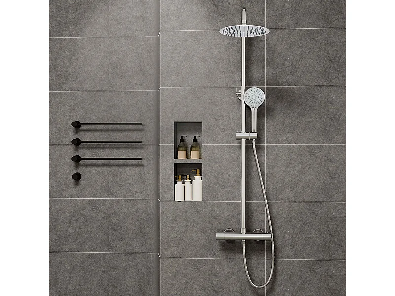 Colonne doccia cromo, soffione doccia rotondo da 25cm acciaio inox, miscelatore termostatico doccia tondo antiscottature