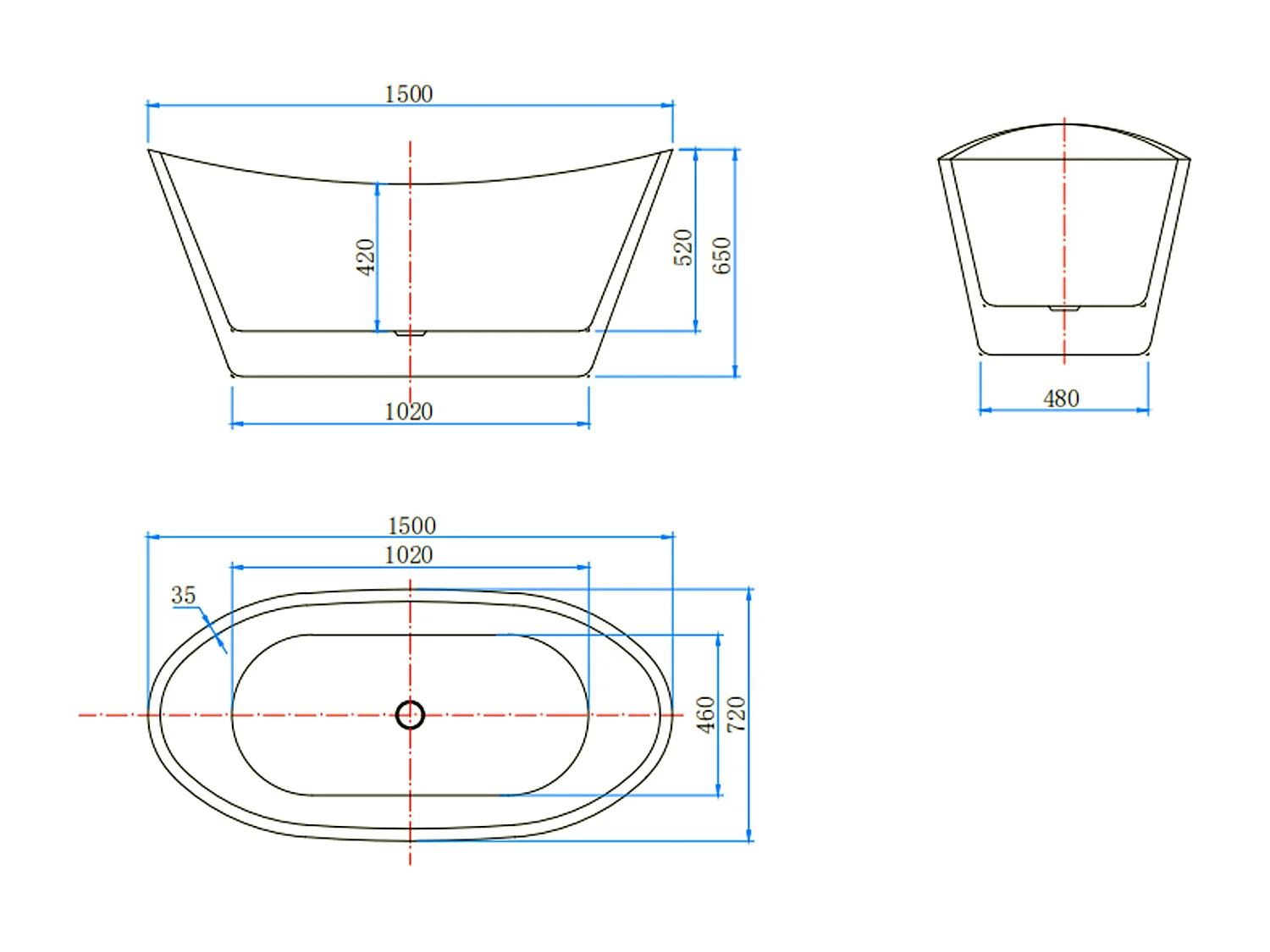Vasca da Bagno a Isola 150x72x65 cm Vasca da Bagno Freestanding in Acrilico Bianco Barca Ovale
