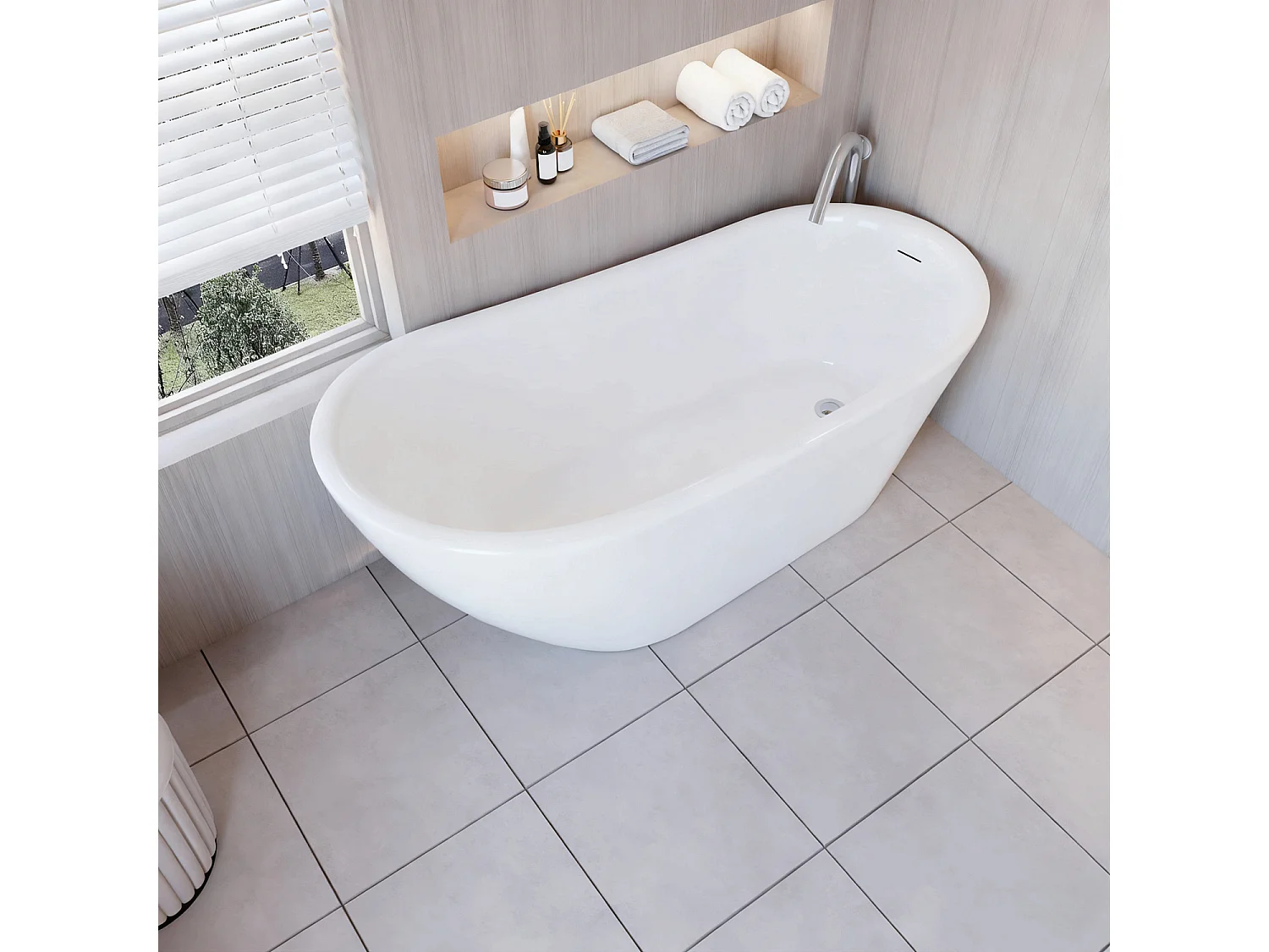 Vasca da Bagno a Isola Freestanding in Acrilico da 170x78x73 cm, Colore Bianco, Forma di Ovale Irregolare