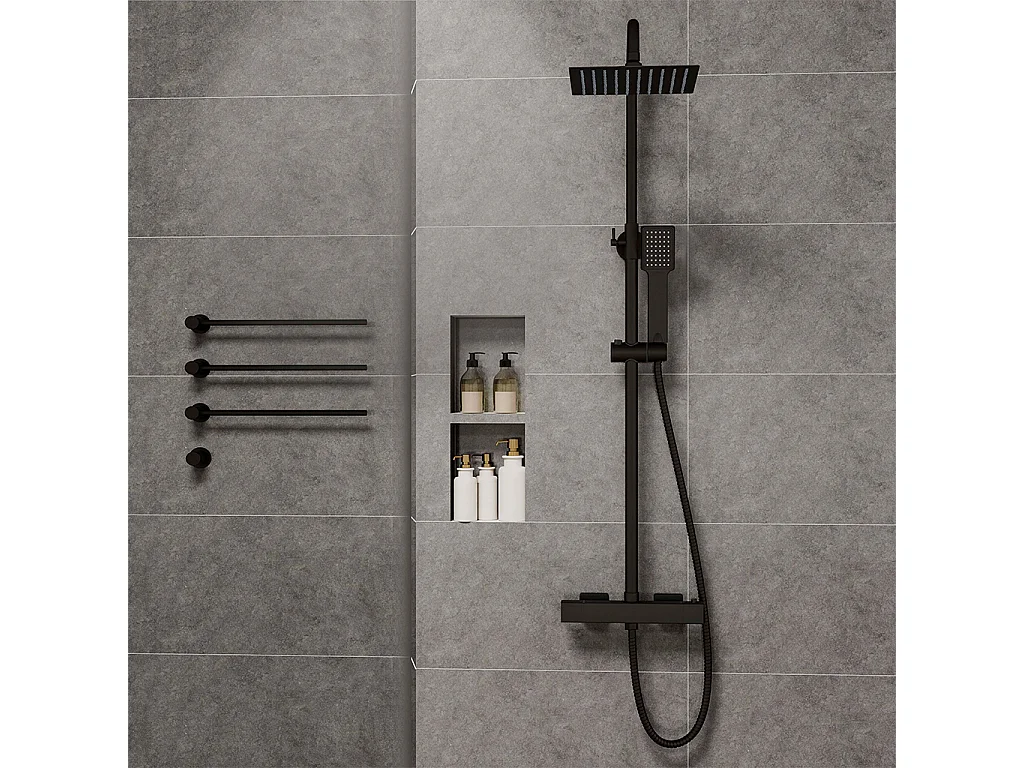 Colonne doccia nero, soffione doccia quadrato 20x20cm acciaio inox, saliscendi doccia tondo regolabile 75-125cm