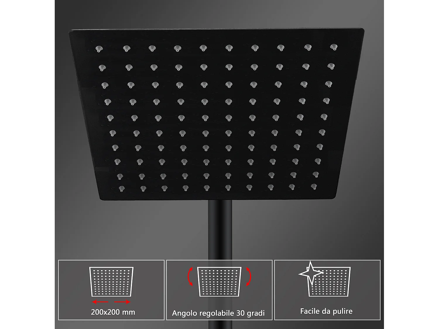 Colonne doccia nero, soffione doccia quadrato 20x20cm acciaio inox, saliscendi doccia tondo regolabile 75-125cm