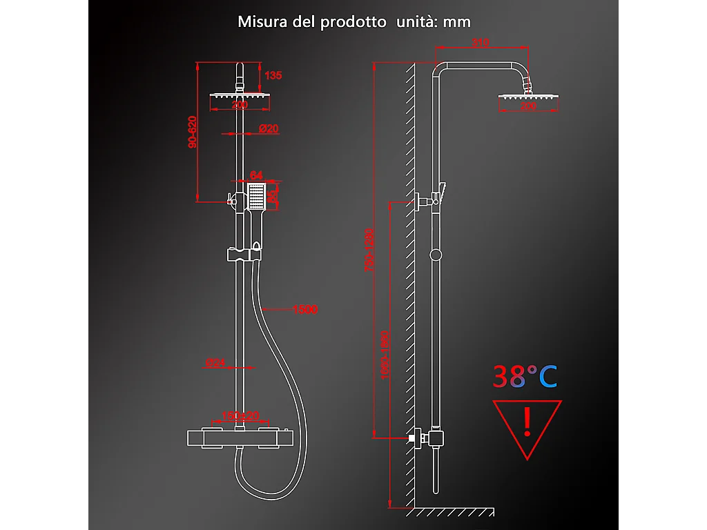 Colonne doccia nero, soffione doccia quadrato 20x20cm acciaio inox, saliscendi doccia tondo regolabile 75-125cm