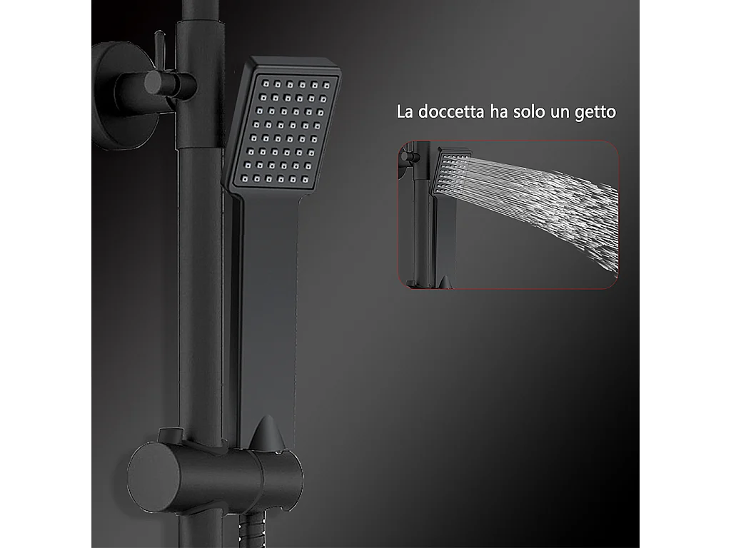 Colonne doccia nero, soffione doccia quadrato 20x20cm acciaio inox, saliscendi doccia tondo regolabile 75-125cm