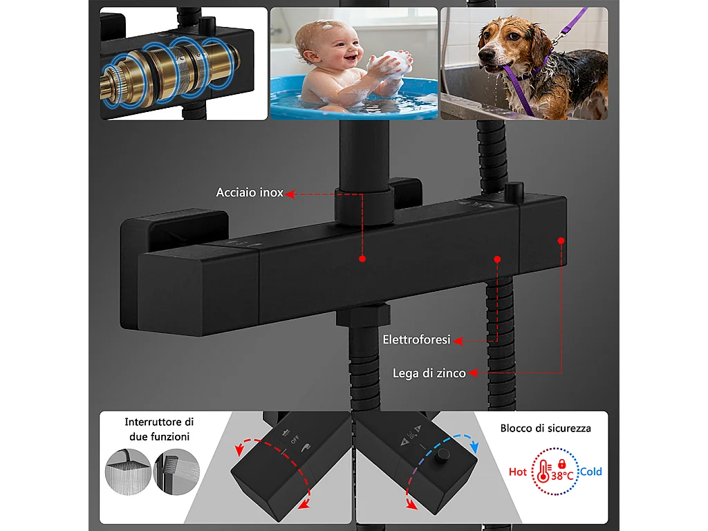 Colonne doccia nero, soffione doccia quadrato 20x20cm acciaio inox, saliscendi doccia tondo regolabile 75-125cm