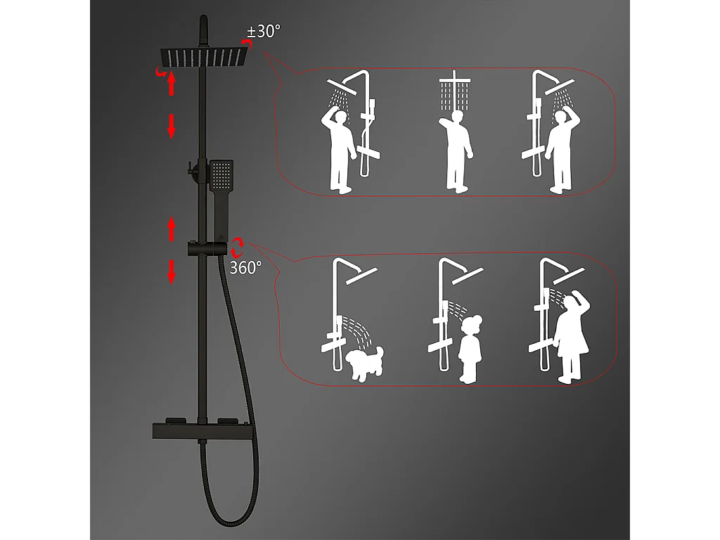 Colonne doccia nero, soffione doccia quadrato 20x20cm acciaio inox, saliscendi doccia tondo regolabile 75-125cm