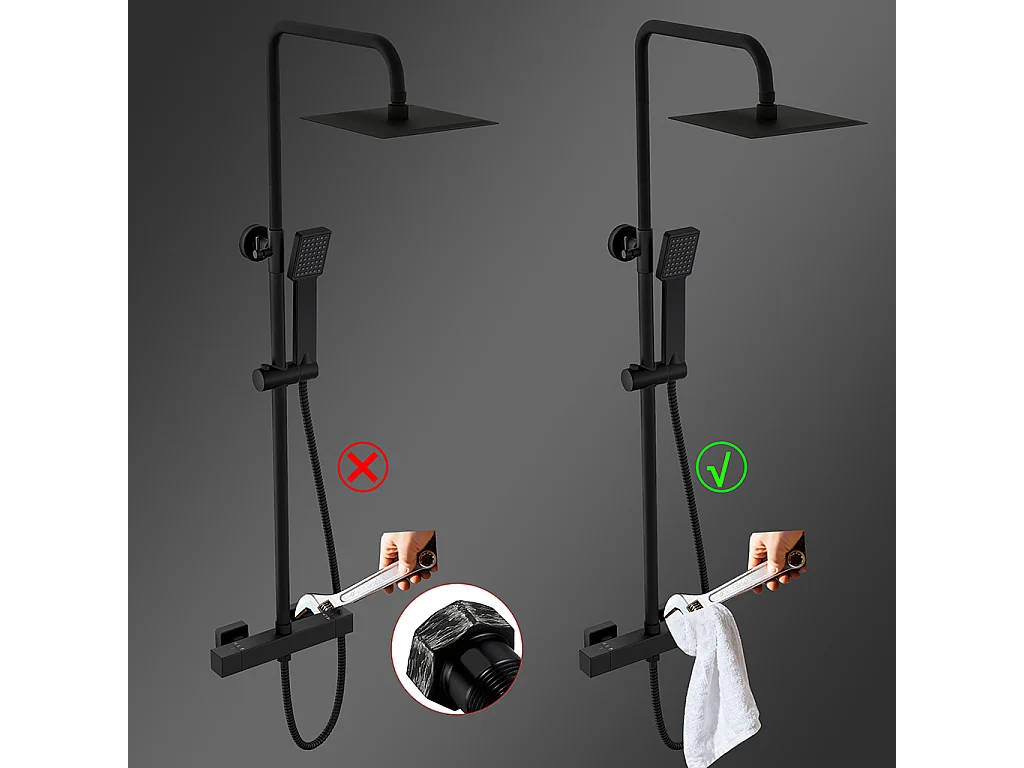 Colonne doccia nero, soffione doccia quadrato 20x20cm acciaio inox, saliscendi doccia tondo regolabile 75-125cm