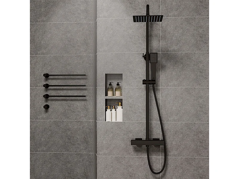 Colonne doccia nero, soffione doccia quadrato 20x20cm acciaio inox, saliscendi doccia tondo regolabile 75-125cm