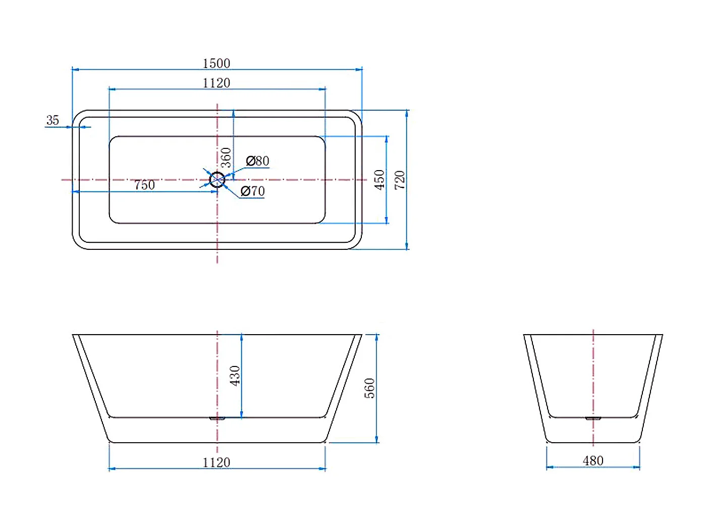Vasca da Bagno a Isola 150x72x56 cm Vasca da Bagno Freestanding in Acrilico Bianco Rettangolare