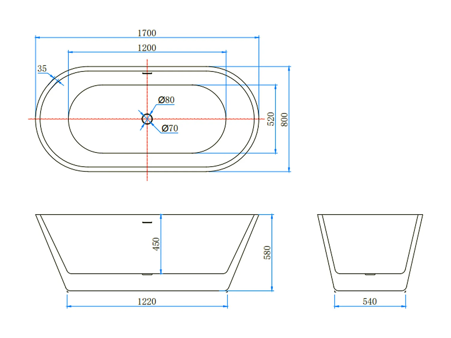 Vasca da Bagno a Isola 170x80x58 cm Vasca da Bagno Freestanding in Acrilico Bianco Ovale