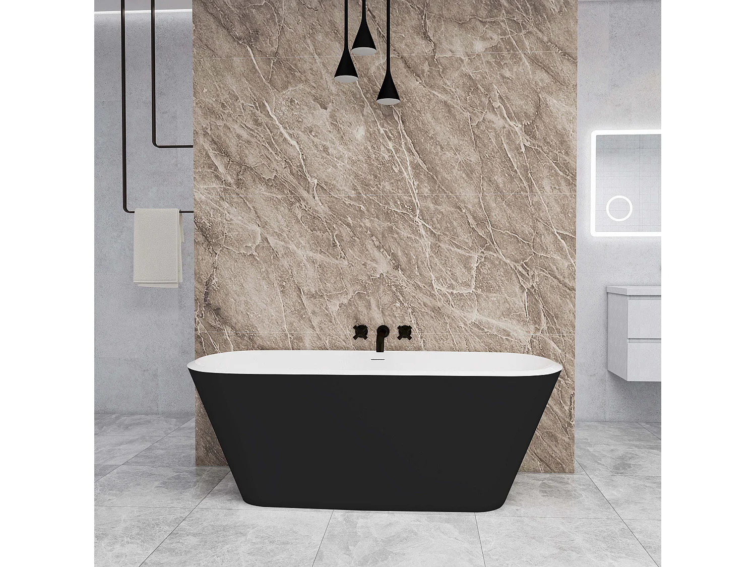 Vasca da Bagno a Isola 170x78x60 cm Vasca da Bagno Freestanding in Acrilico Nero Ovale