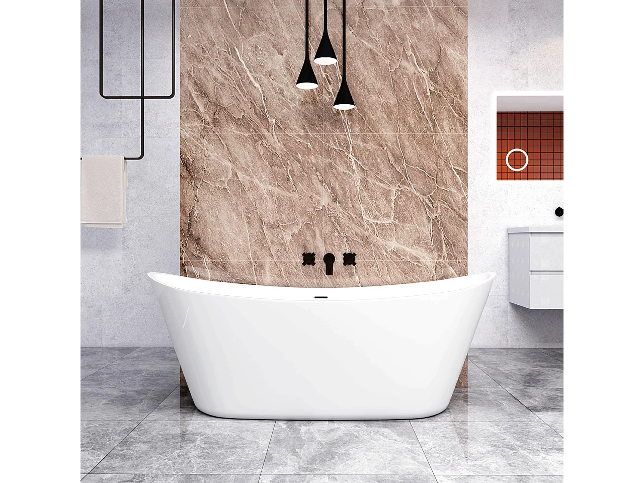 Vasca da Bagno a Isola 170x72x65 cm Vasca da Bagno Freestanding in Acrilico Bianco Barca Ovale