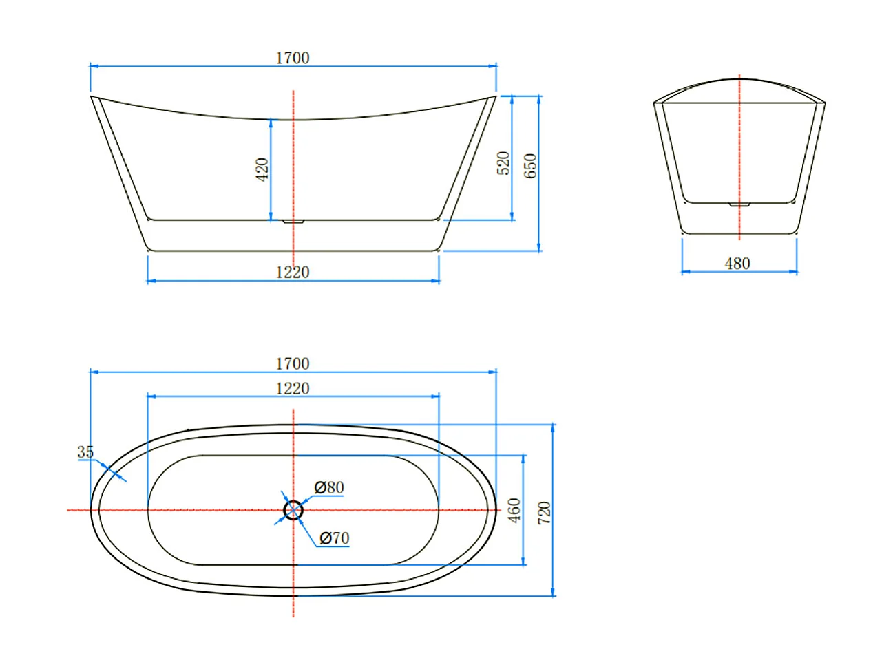 Vasca da Bagno a Isola 170x72x65 cm Vasca da Bagno Freestanding in Acrilico Bianco Barca Ovale