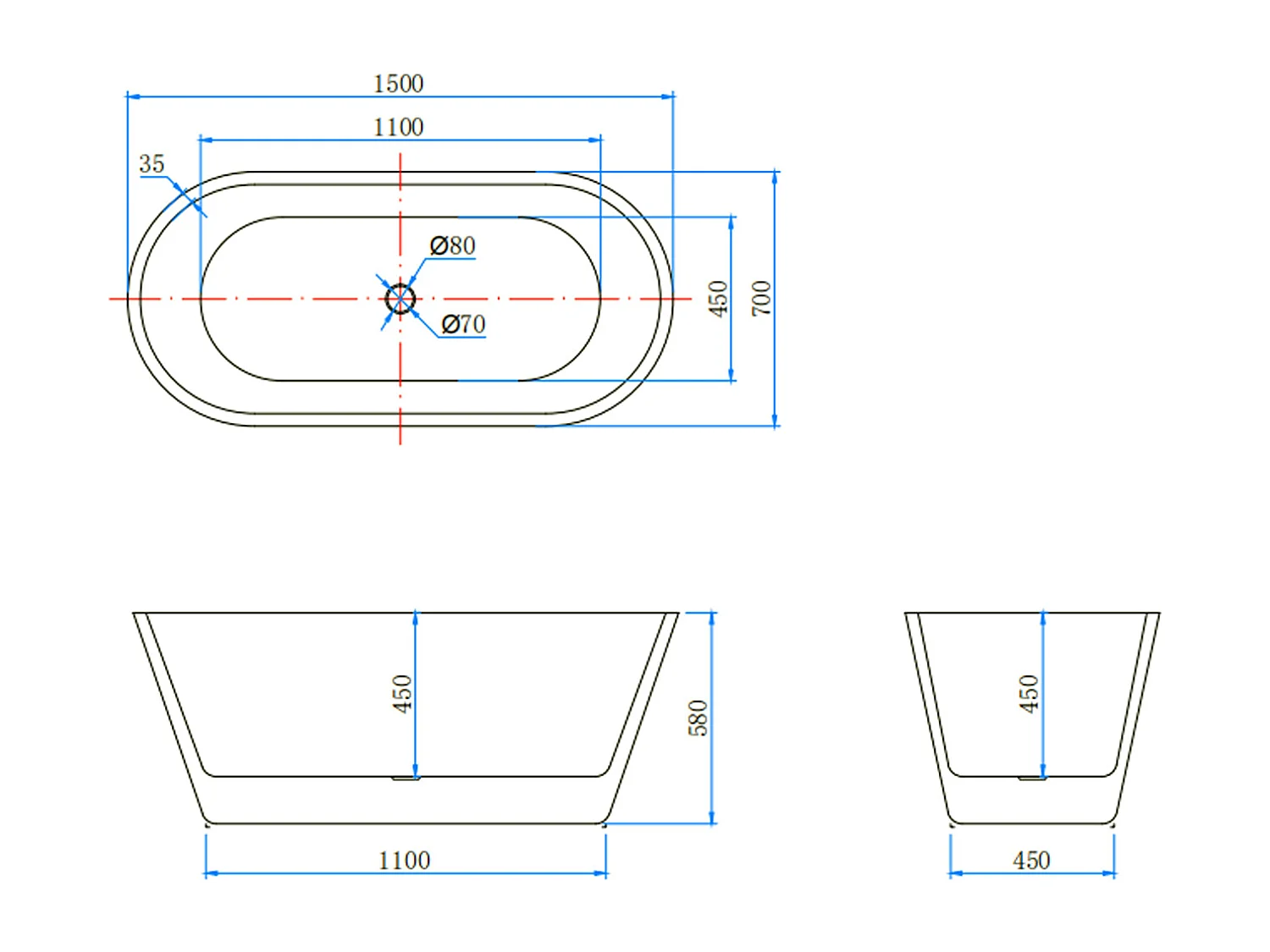 Vasca da Bagno a Isola 150x70x58 cm Vasca da Bagno Freestanding in Acrilico Bianco Ovale