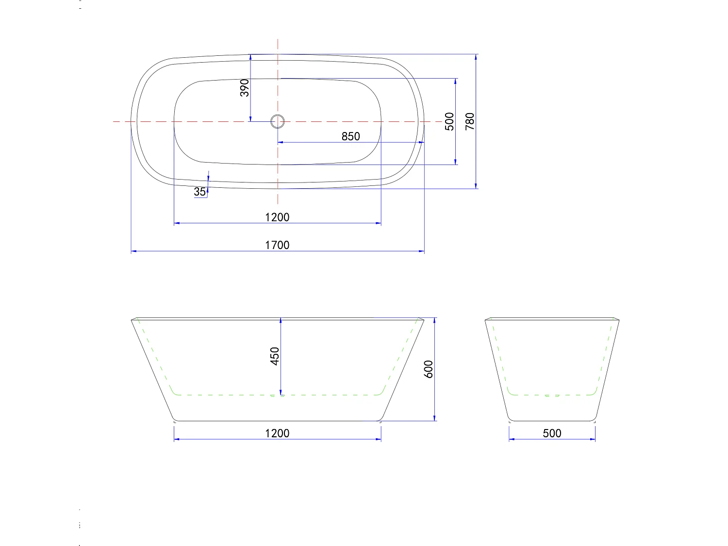 Vasca da Bagno a Isola Freestanding in Acrilico da 170x78x60 cm, Colore Nero, Forma Ovale