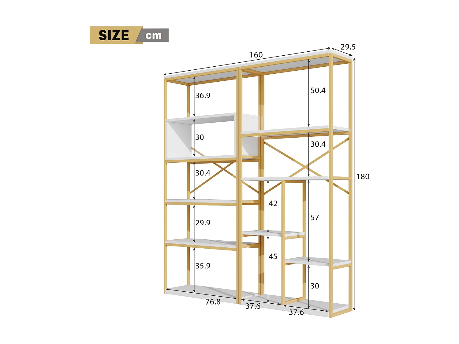 Moderne Regal 160x29,5x180 cm - Mehrstufige Regalböden - Konstruktion aus Stahlrohren und MDF - Rechteckige Form - Gold und Weiß