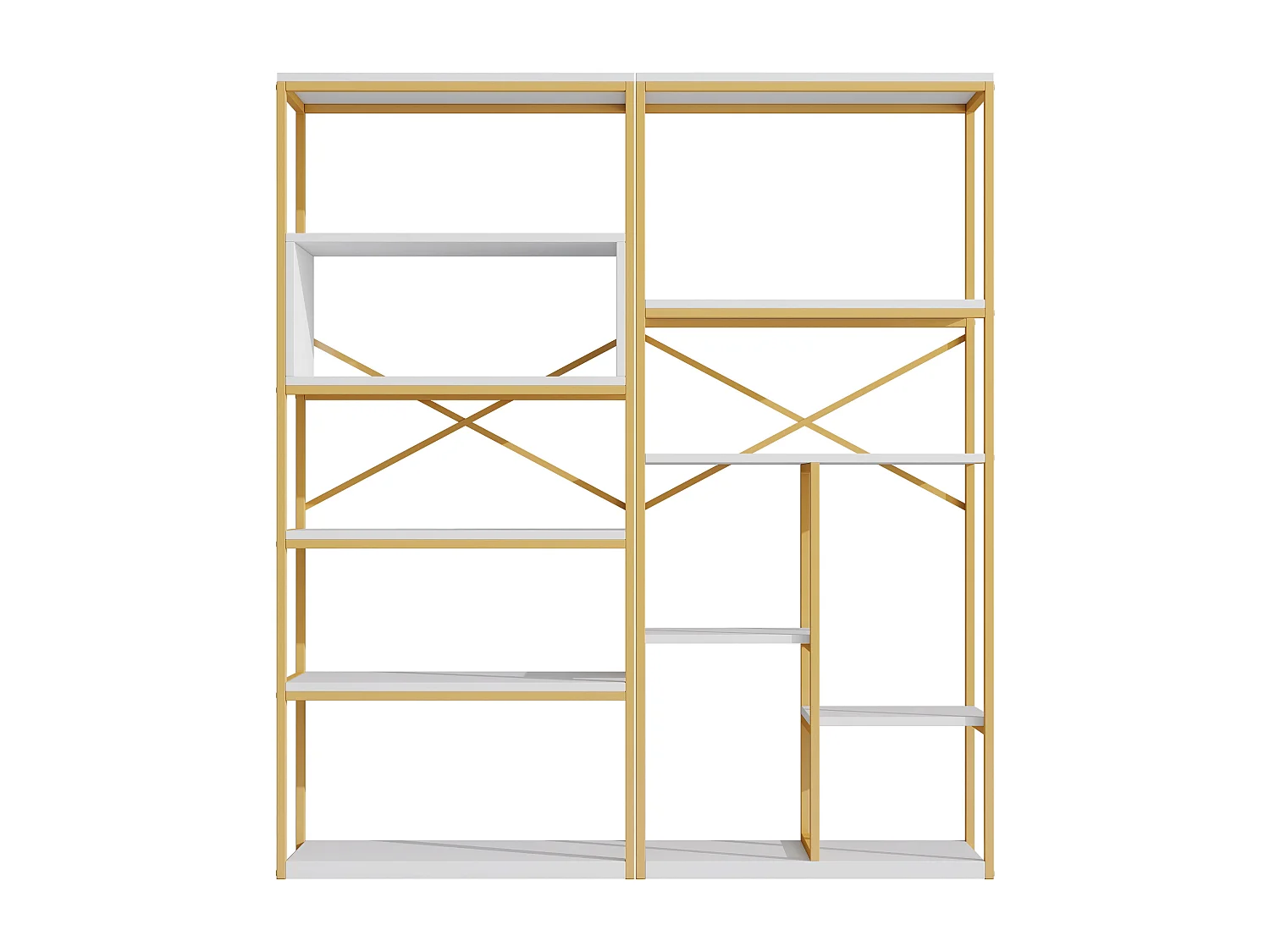 Moderne Regal 160x29,5x180 cm - Mehrstufige Regalböden - Konstruktion aus Stahlrohren und MDF - Rechteckige Form - Gold und Weiß