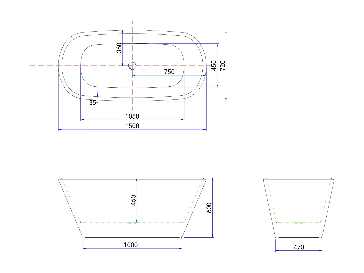 Vasca da Bagno a Isola Freestanding in Acrilico da 150x72x60 cm, Colore Nero, Forma Ovale