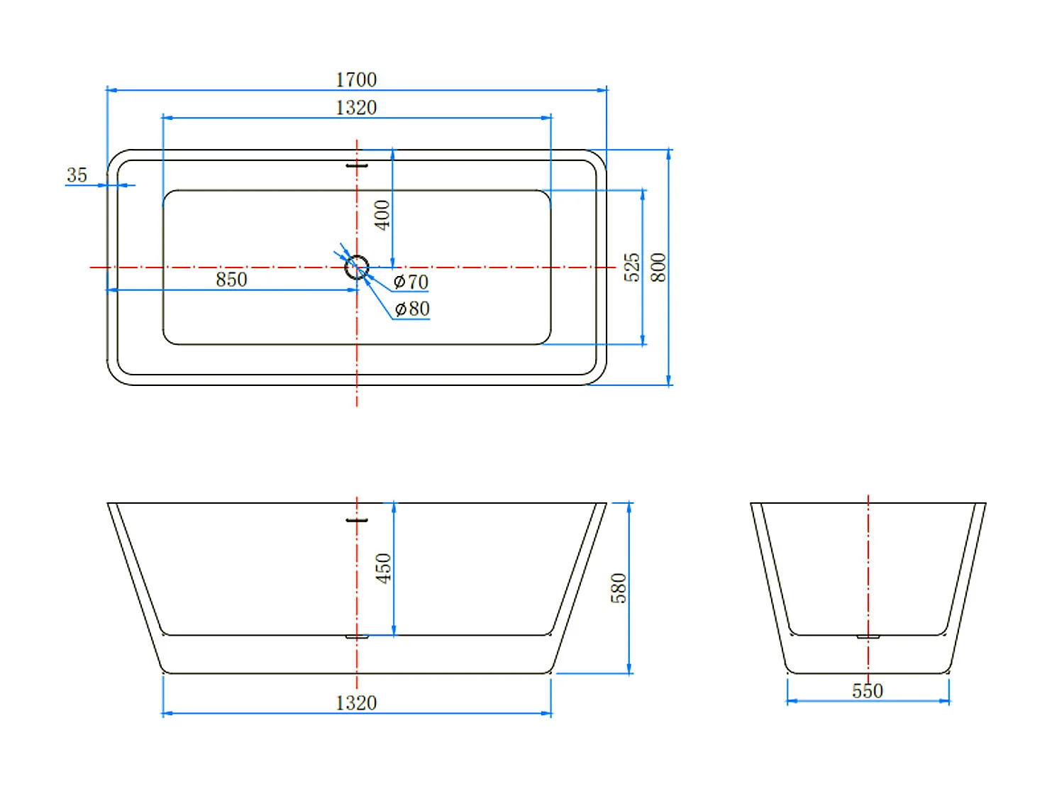 Vasca da Bagno a Isola 170x80x58 cm Vasca da Bagno Freestanding in Acrilico Bianco Rettangolare