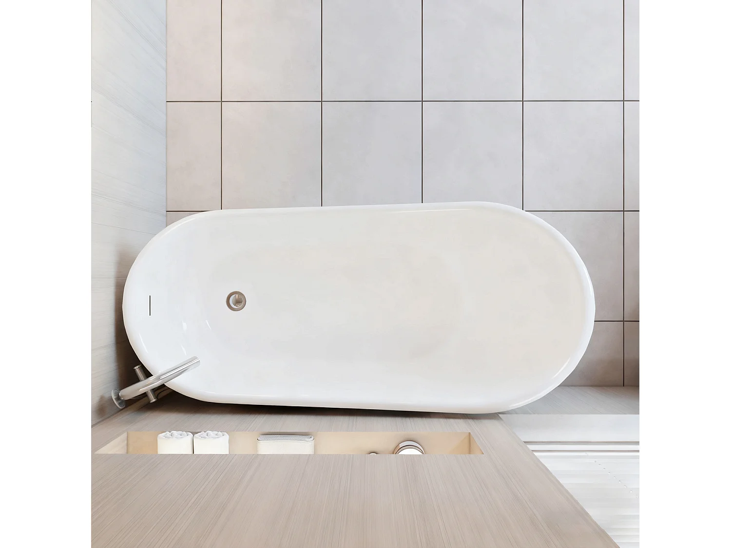 Vasca da Bagno a Isola Freestanding in Acrilico da 160x72x73 cm, Colore Bianco, Forma di Ovale Irregolare