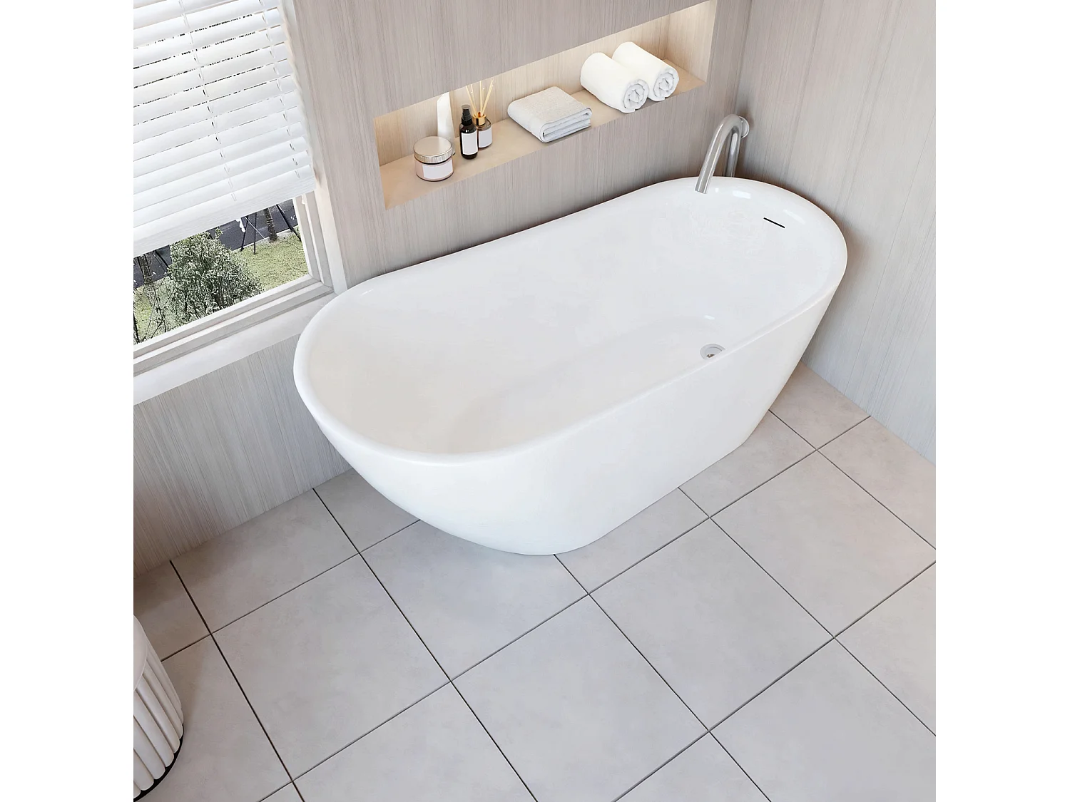 Vasca da Bagno a Isola Freestanding in Acrilico da 160x72x73 cm, Colore Bianco, Forma di Ovale Irregolare