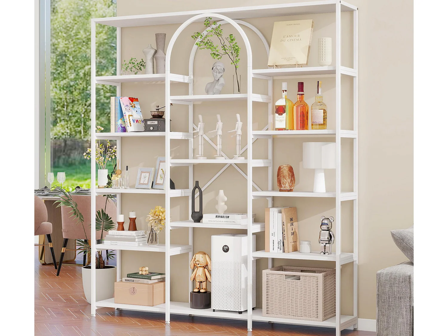 Modernes Regal 160x30x180 cm - Mehrstufige Regalböden - Stahlrohre + MDF - Rechteckiges und gebogenes Design - Weiß