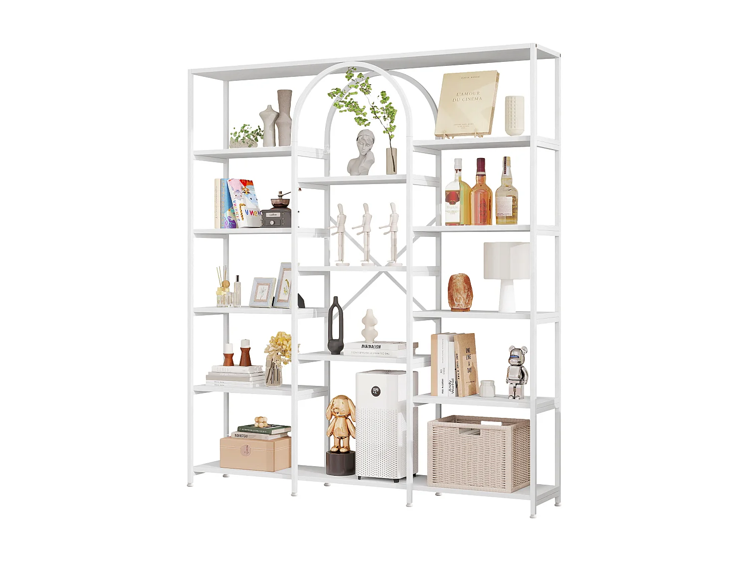 Modernes Regal 160x30x180 cm - Mehrstufige Regalböden - Stahlrohre + MDF - Rechteckiges und gebogenes Design - Weiß