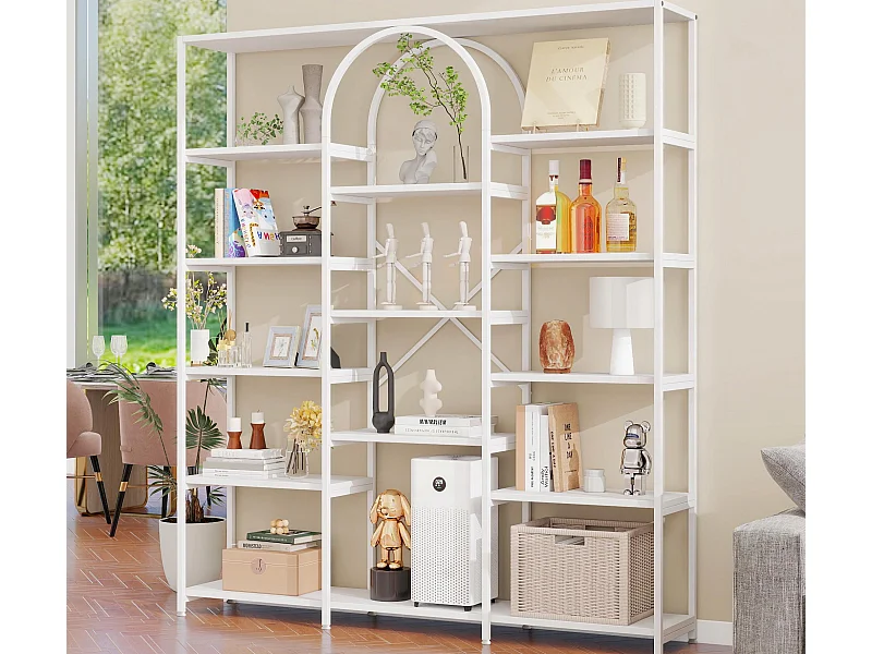 Modernes Regal 160x30x180 cm - Mehrstufige Regalböden - Stahlrohre + MDF - Rechteckiges und gebogenes Design - Weiß