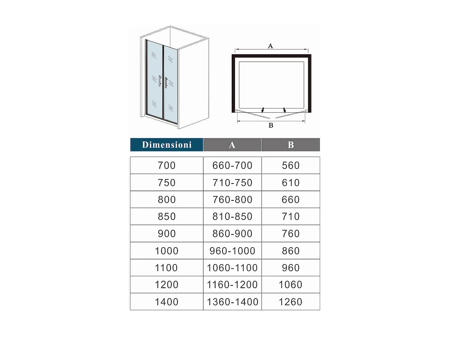 H.185 cm Box Doccia Per Nicchia 80 cm Doppia Porta Battente Saloon In Vetro 6 mm Temperato Satinato Anticalcare