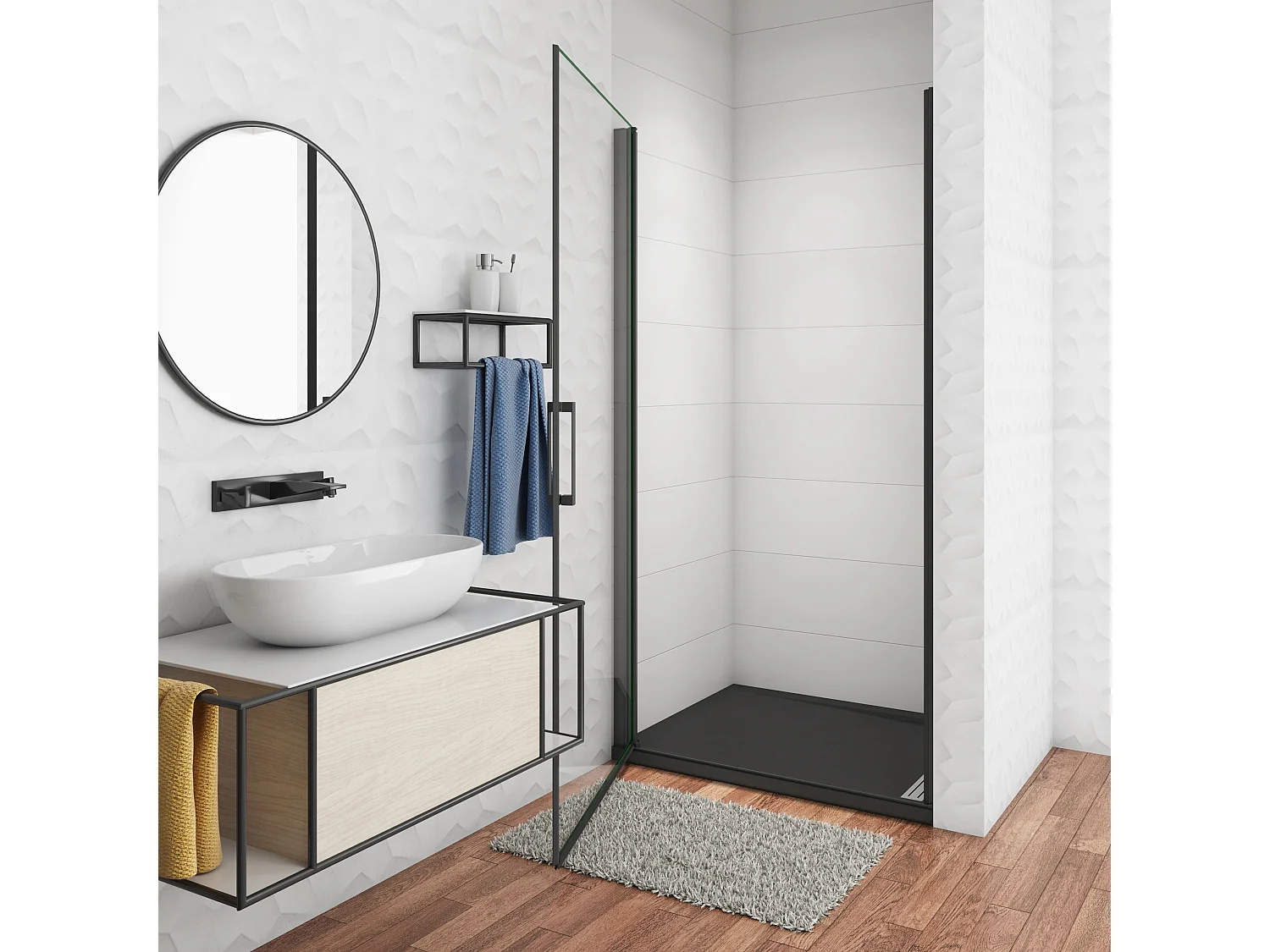 90x200 cm Porta Doccia Battente Per Nicchia Vetro Temperato Trasparente Anticalcare 8mm Telaio Nero Opaco Doccia a Filo Pavimento