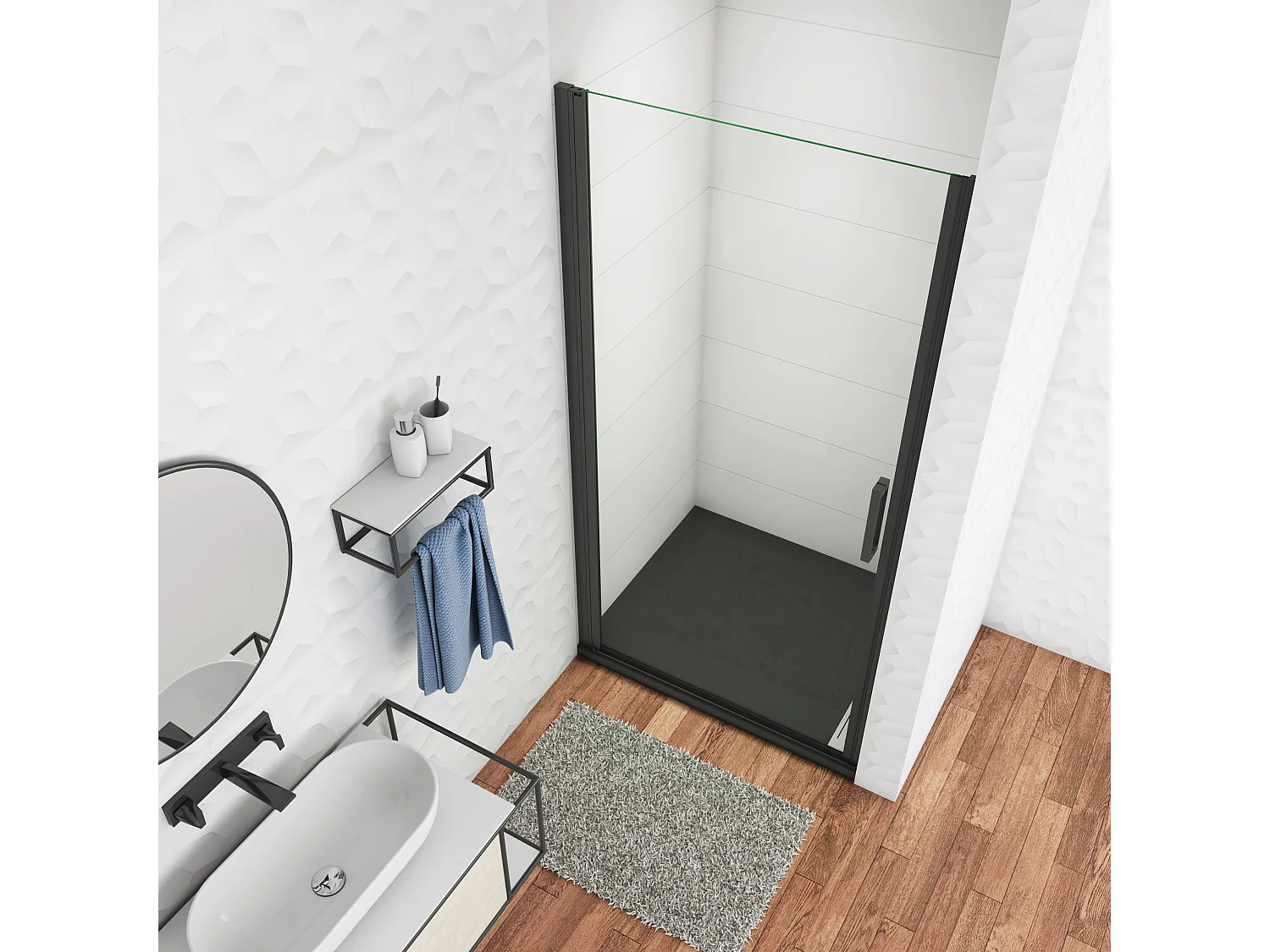 90x200 cm Porta Doccia Battente Per Nicchia Vetro Temperato Trasparente Anticalcare 8mm Telaio Nero Opaco Doccia a Filo Pavimento