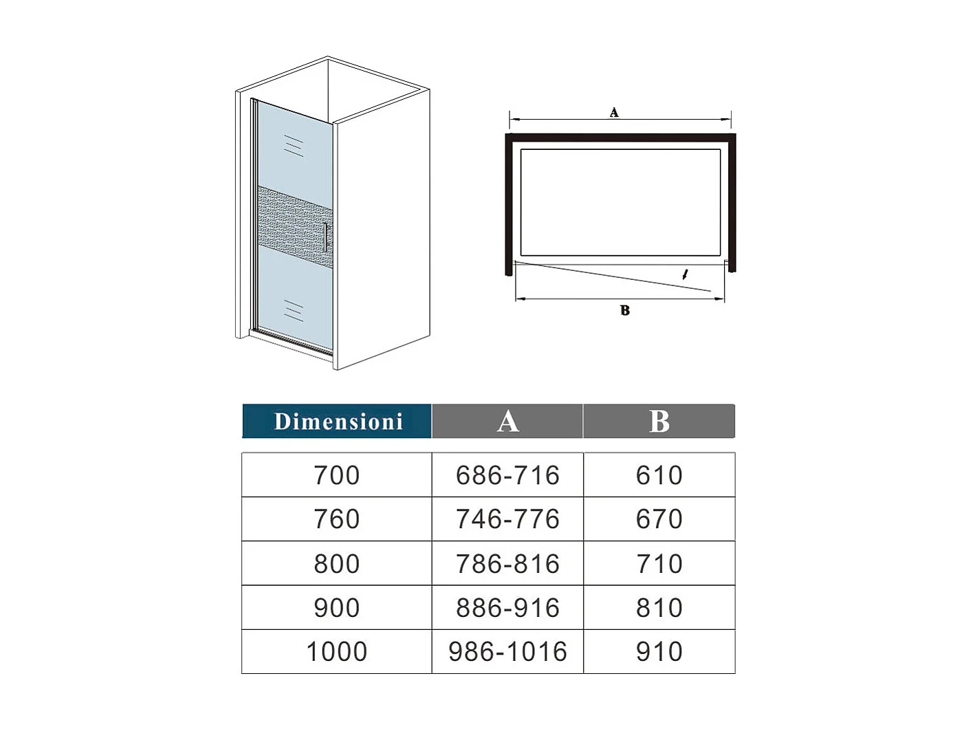 80x185 cm Box Doccia Per Nicchia Porta Battente Vetro Temperato 6mm Semitrasparente Anticalcare Satinato Opaco