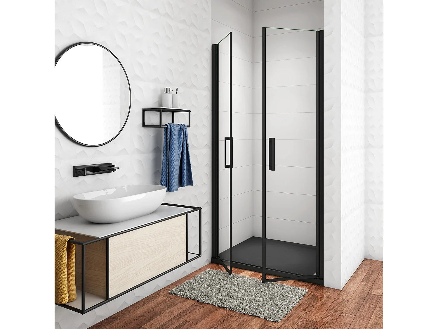 90x200 cm Box Doccia Per Nicchia Doppia Porta Battente Saloon In Vetro 8 mm Temperato Trasparente Anticalcare Telaio Nero Opaco