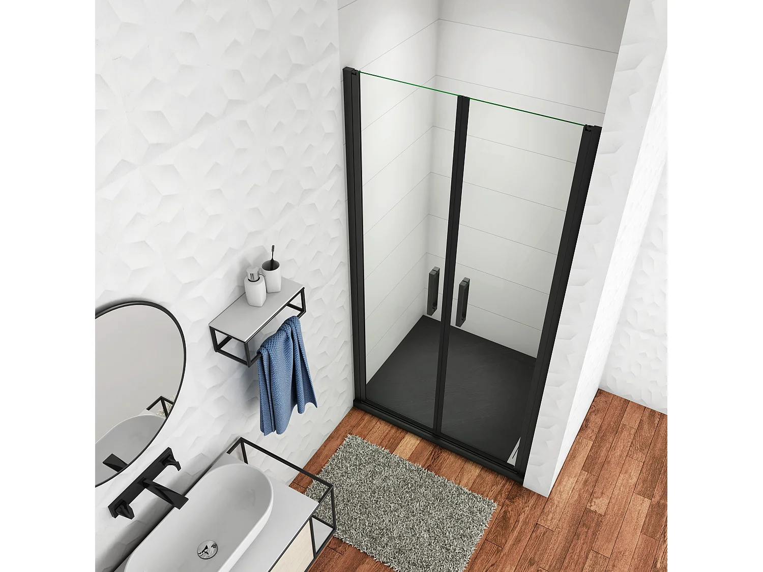 90x200 cm Box Doccia Per Nicchia Doppia Porta Battente Saloon In Vetro 8 mm Temperato Trasparente Anticalcare Telaio Nero Opaco