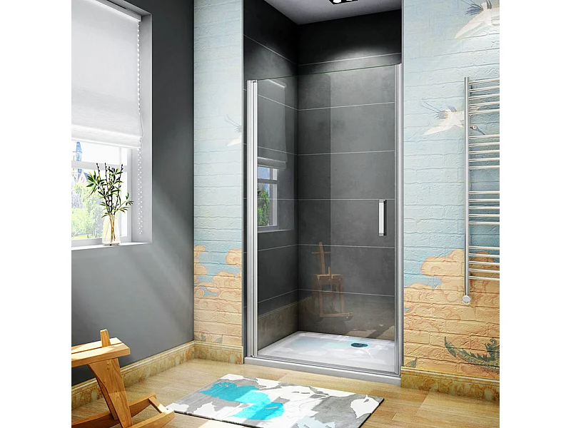 185 cm Box Doccia per Nicchia Porta Battente Vetro Temperato 5 mm Trasparente Profilo in Alluminio Argento Opaco 90 cm