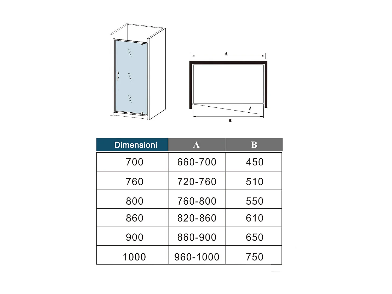H.185 cm Box Doccia per Nicchia Porta Girevole Battente Vetro Temperato 5 mm Trasparente  Profili Cromati Lucidi Misura 70 cm