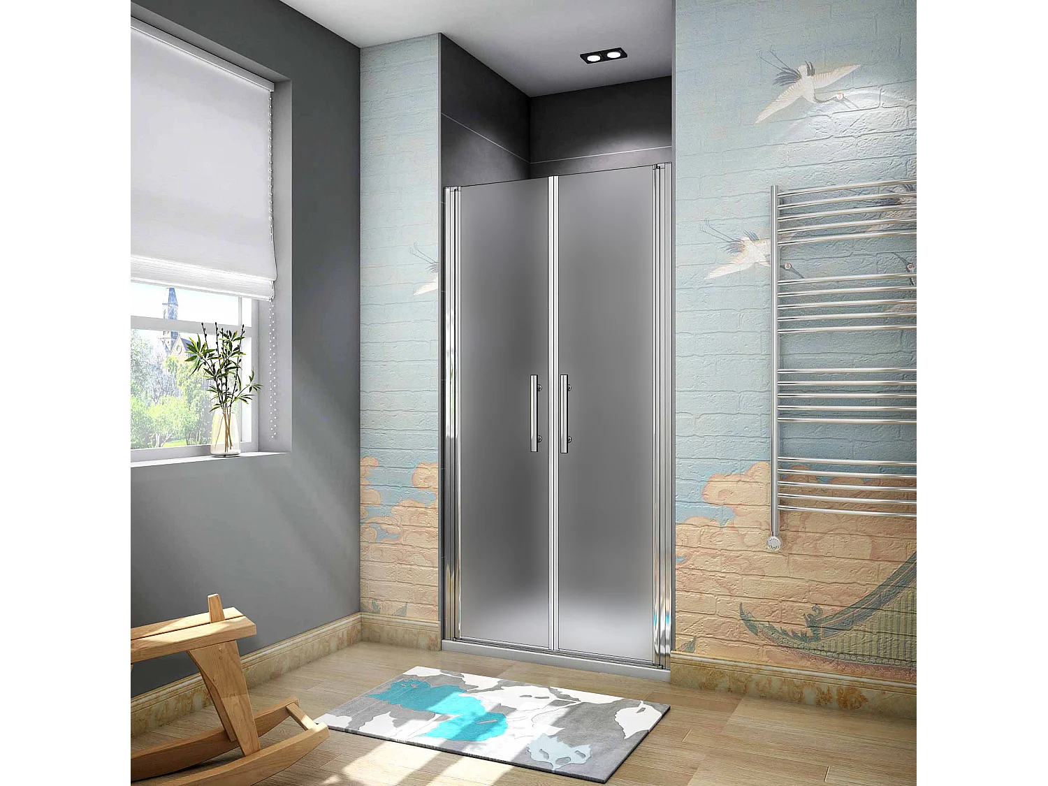 H.185 cm Box Doccia Per Nicchia 75 cm Doppia Porta Battente Saloon In Vetro 6 mm Temperato Satinato Anticalcare