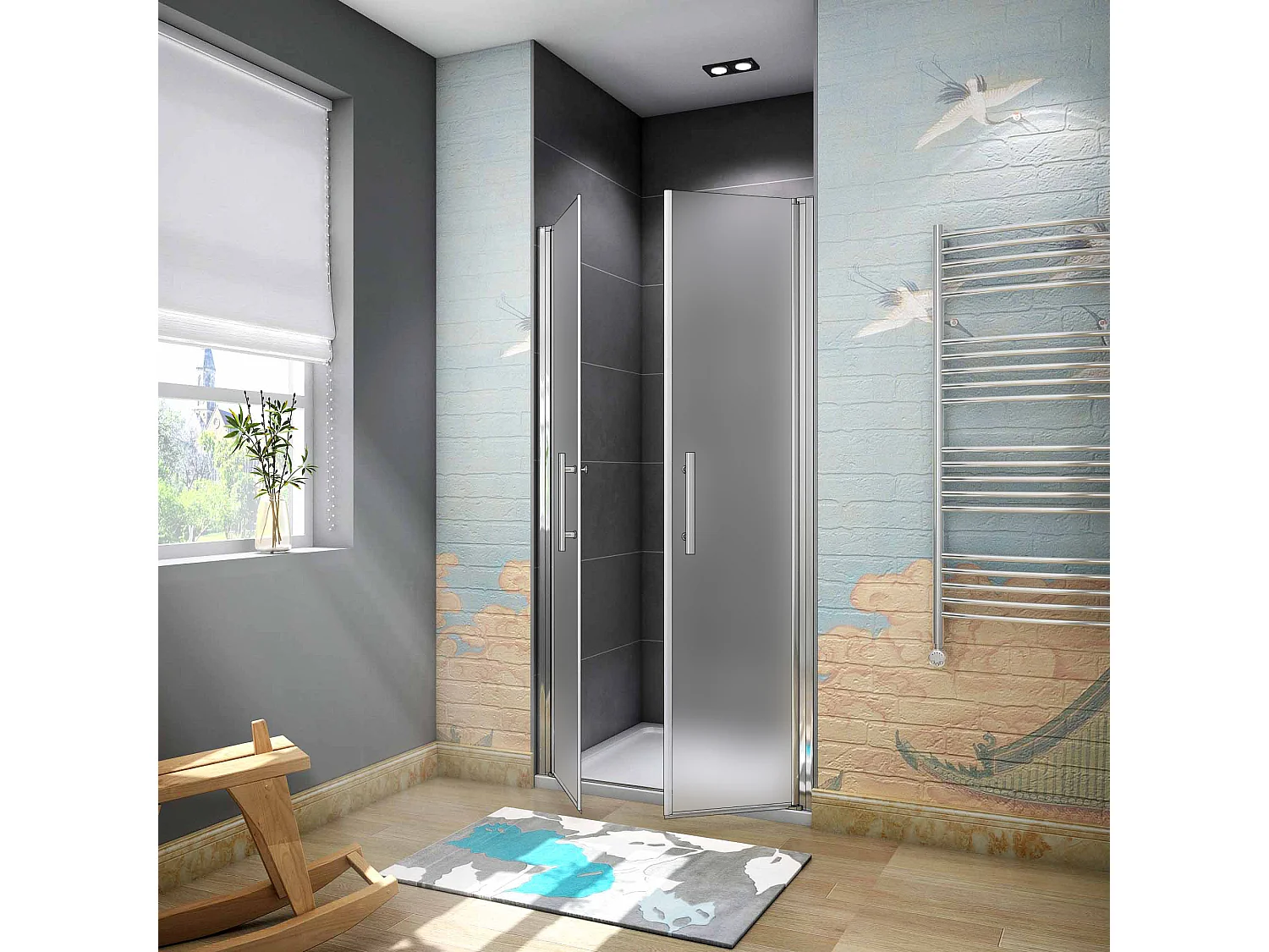 H.185 cm Box Doccia Per Nicchia 90 cm Doppia Porta Battente Saloon In Vetro 6 mm Temperato Satinato Anticalcare