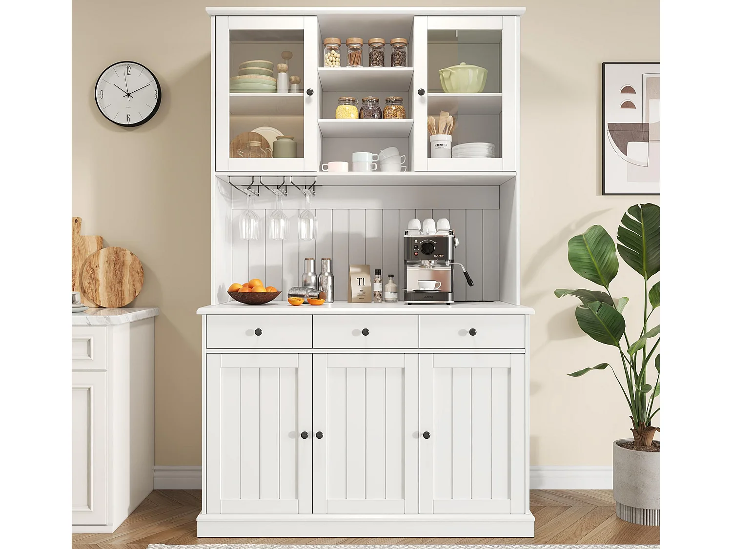 Buffet de cuisine 120x40x191 cm - 5 portes et 3 tiroirs - avec prise électrique et port USB - Porte-verres à vin - Étagères réglables - Blanc