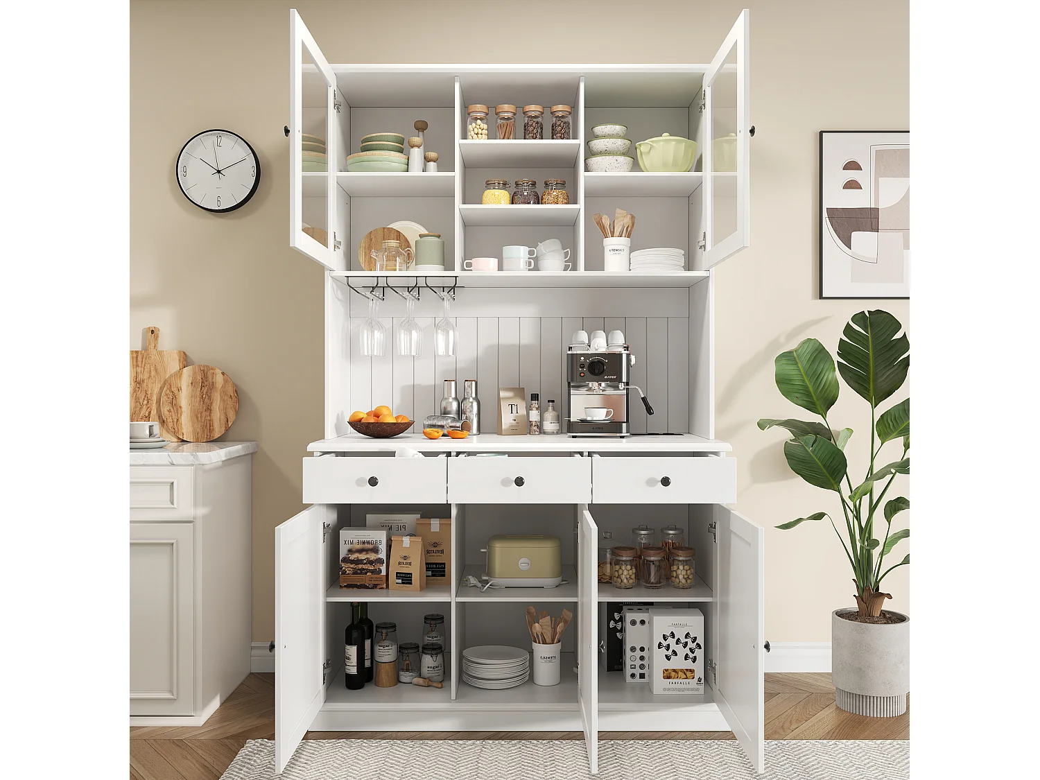 Buffet de cuisine 120x40x191 cm - 5 portes et 3 tiroirs - avec prise électrique et port USB - Porte-verres à vin - Étagères réglables - Blanc