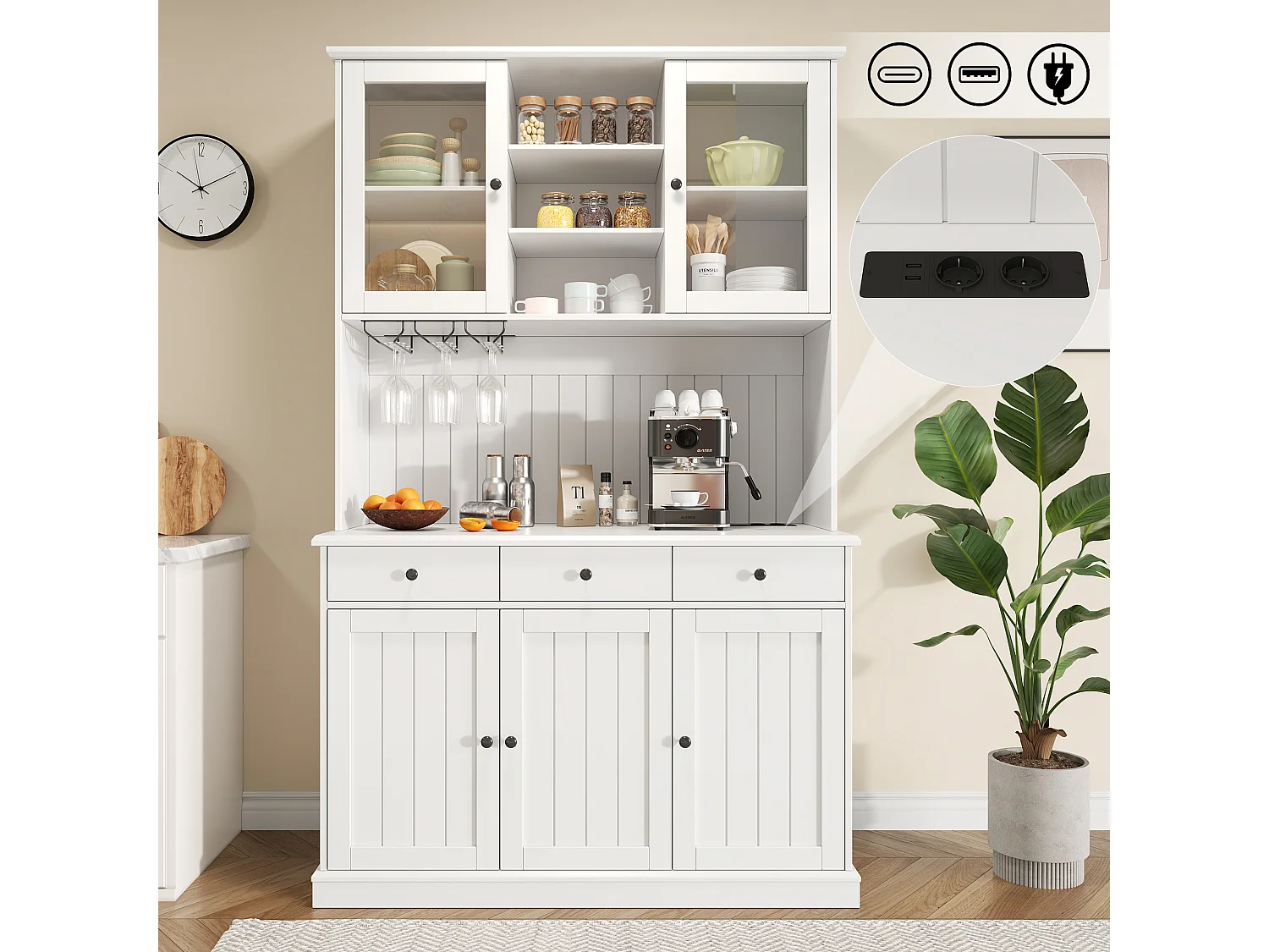 Buffet de cuisine 120x40x191 cm - 5 portes et 3 tiroirs - avec prise électrique et port USB - Porte-verres à vin - Étagères réglables - Blanc