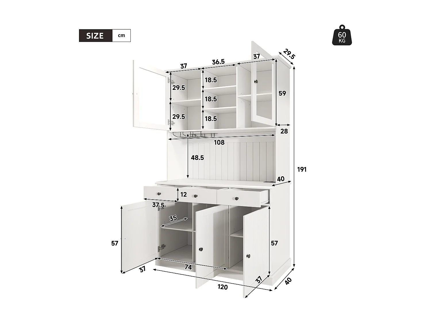 Buffet de cuisine 120x40x191 cm - 5 portes et 3 tiroirs - avec prise électrique et port USB - Porte-verres à vin - Étagères réglables - Blanc