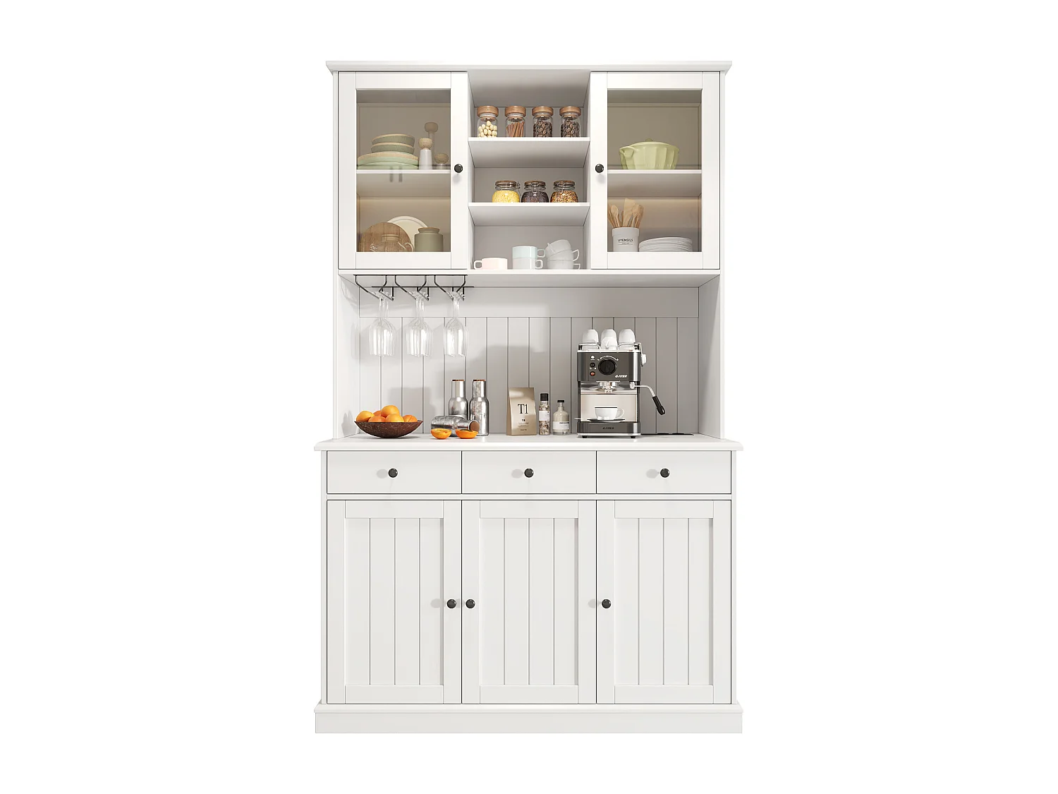Buffet de cuisine 120x40x191 cm - 5 portes et 3 tiroirs - avec prise électrique et port USB - Porte-verres à vin - Étagères réglables - Blanc