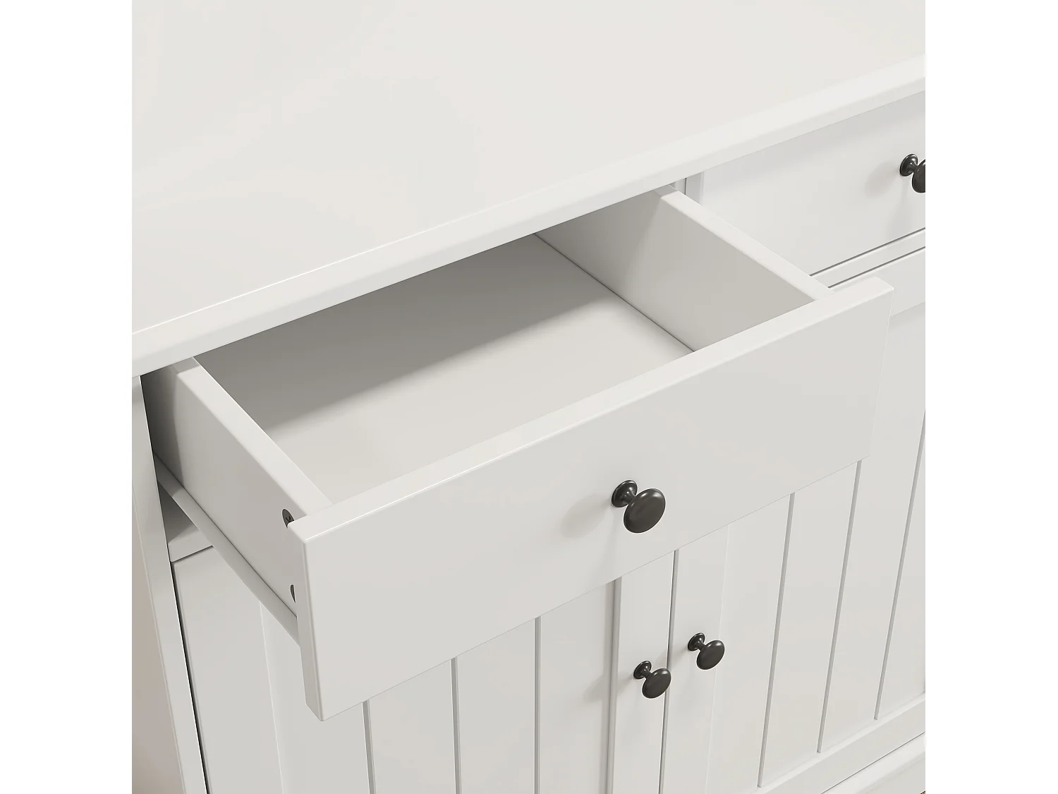 Buffet de cuisine 120x40x191 cm - 5 portes et 3 tiroirs - avec prise électrique et port USB - Porte-verres à vin - Étagères réglables - Blanc
